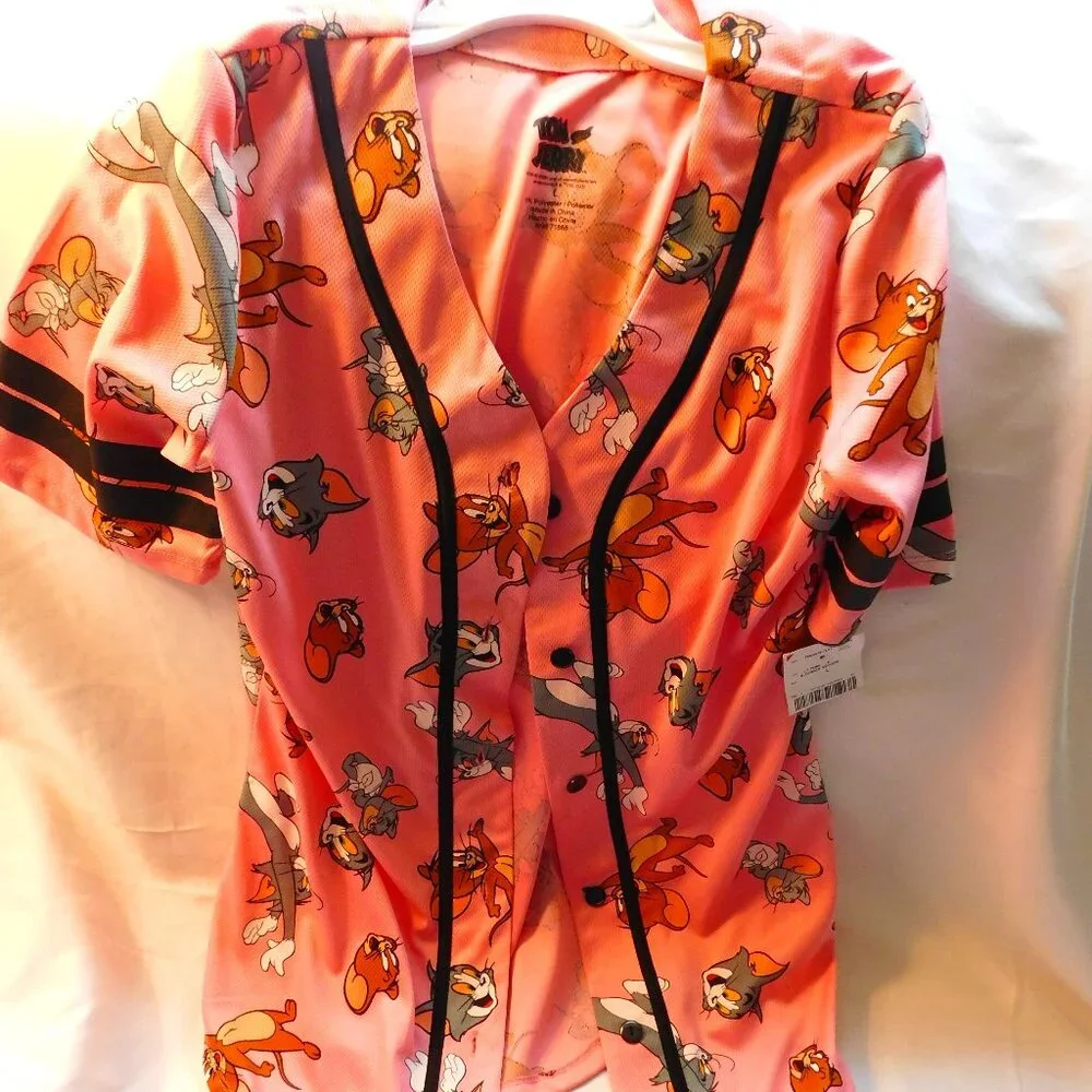 Tom and Jerry Baseball Jersey Pink Junior's Large NWT